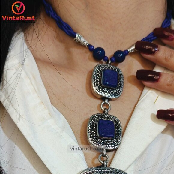 Beaded Chain Necklace with Triple Blue Square Pendants, Lapis Lazuli Stone - Picture 16 of 16